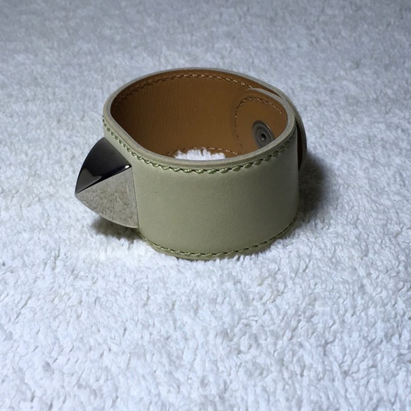 Hermès Lime Green Leather and Silvertone Pyramid Bracelet (7.5in) [In Box] - Picture 3 of 9